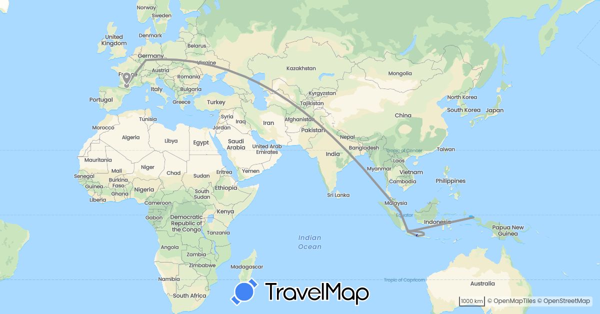 TravelMap itinerary: driving, plane, hiking, boat in Germany, France, Indonesia, Singapore (Asia, Europe)