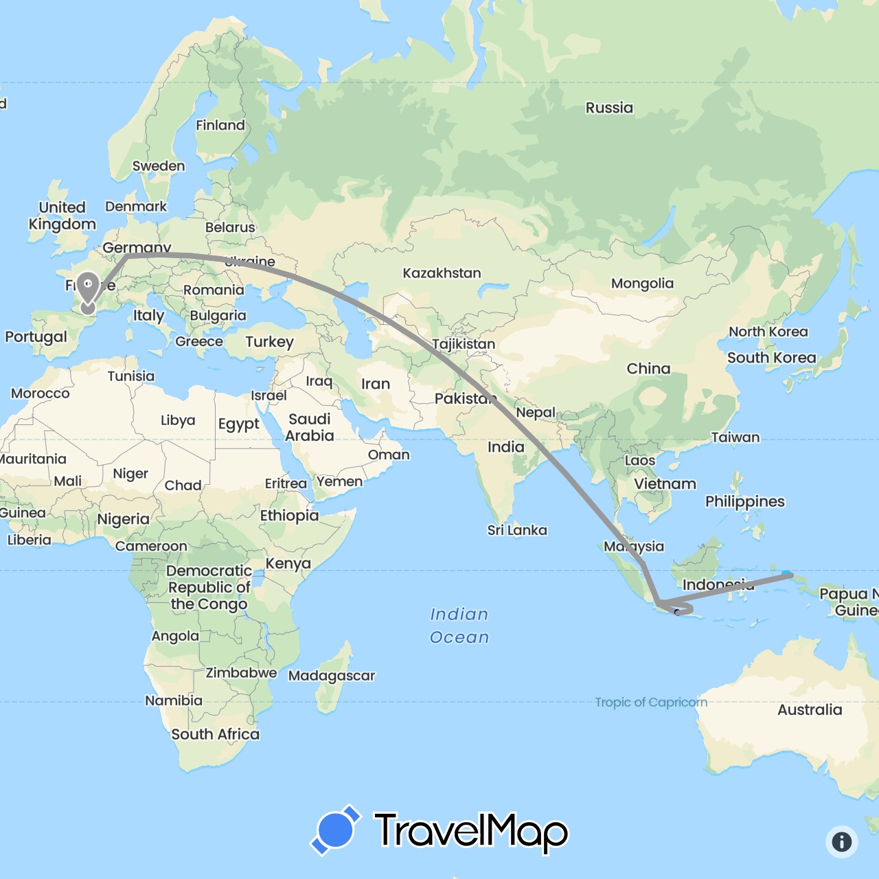 TravelMap itinerary: driving, plane, hiking, boat in Germany, France, Indonesia, Singapore (Asia, Europe)