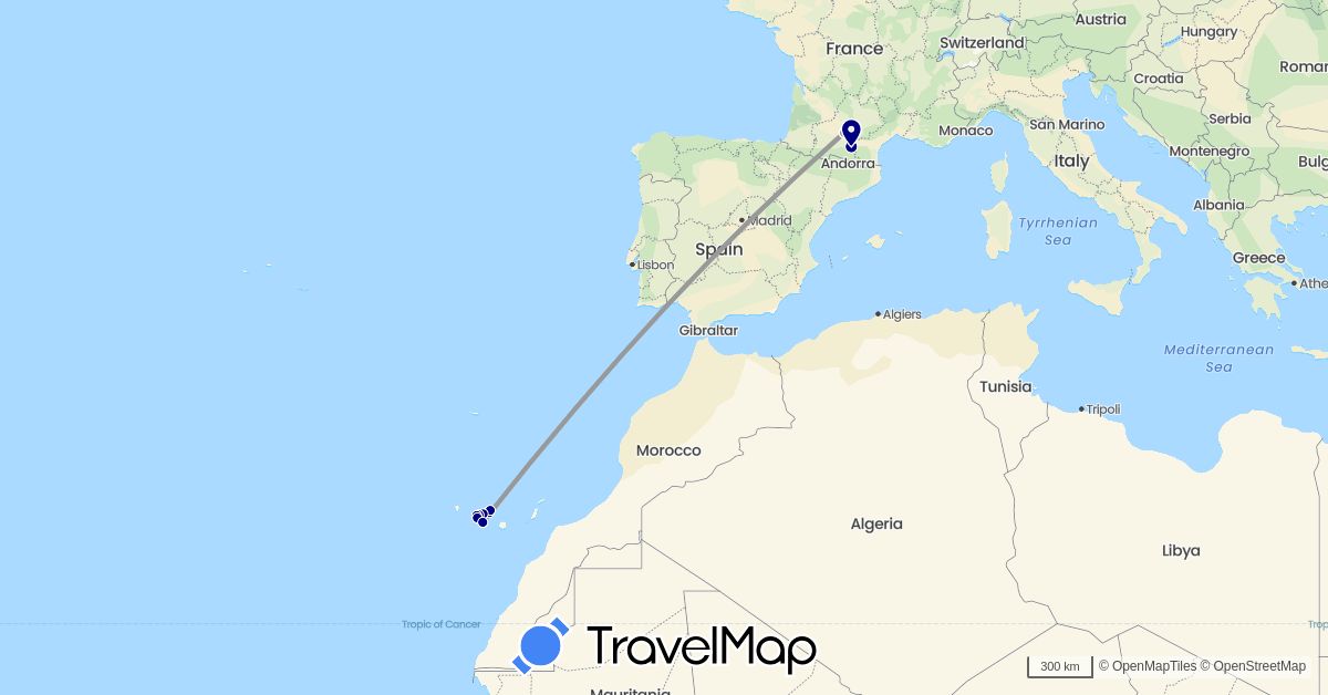 TravelMap itinerary: driving, plane, hiking in Spain, France (Europe)