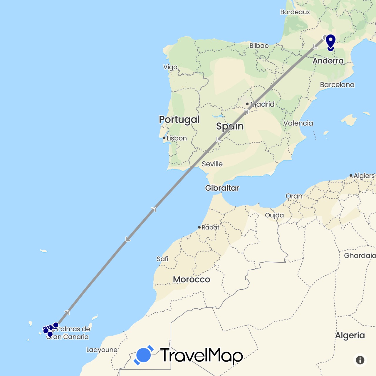 TravelMap itinerary: driving, plane, hiking in Spain, France (Europe)