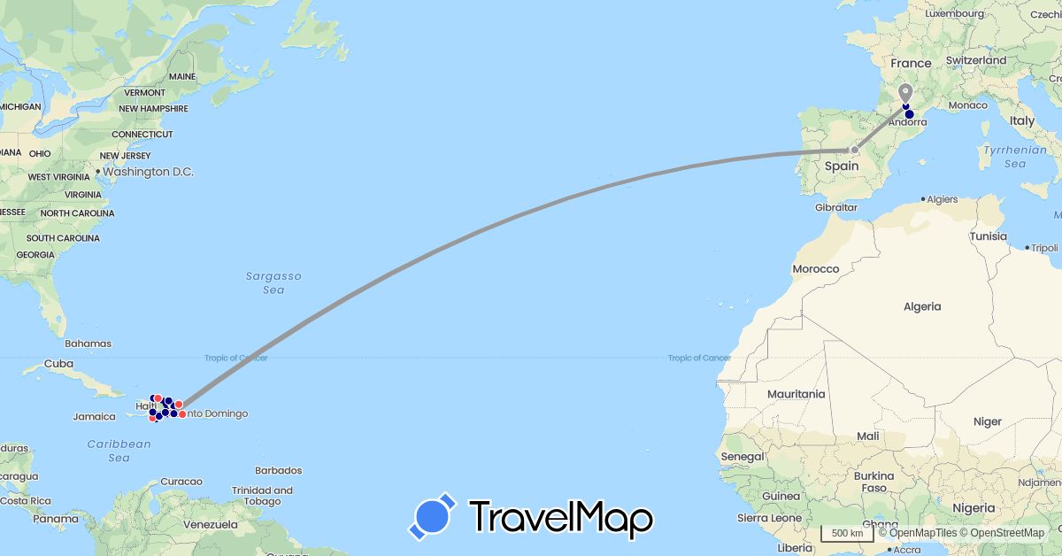TravelMap itinerary: driving, plane, hiking in Dominican Republic, Spain, France (Europe, North America)