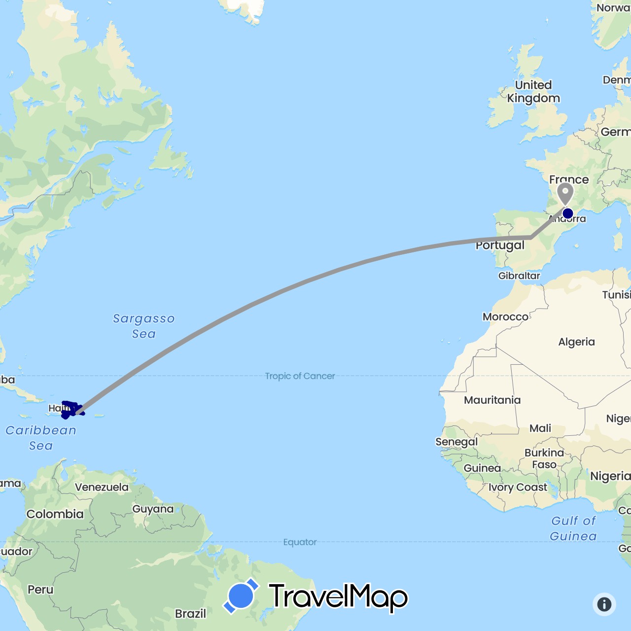 TravelMap itinerary: driving, plane, hiking in Dominican Republic, Spain, France (Europe, North America)