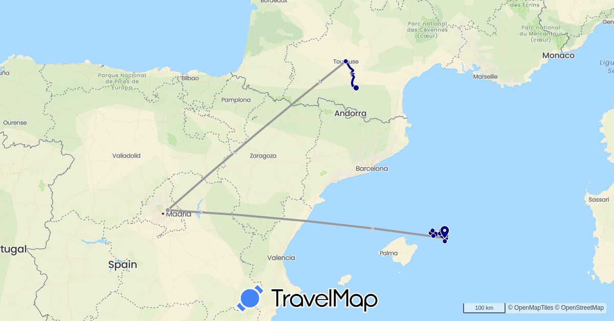 TravelMap itinerary: driving, plane, hiking in Spain, France (Europe)