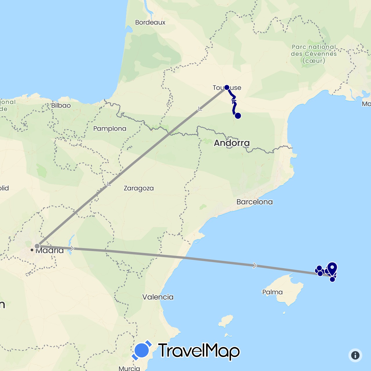 TravelMap itinerary: driving, plane, hiking in Spain, France (Europe)