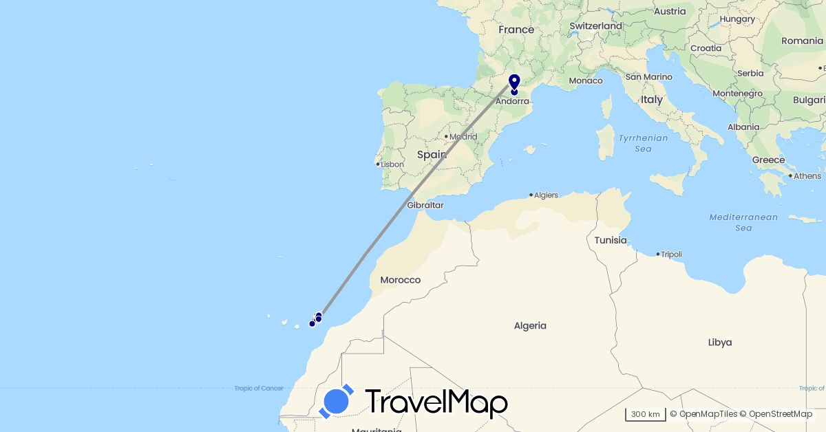 TravelMap itinerary: driving, plane, hiking, boat in Spain, France (Europe)