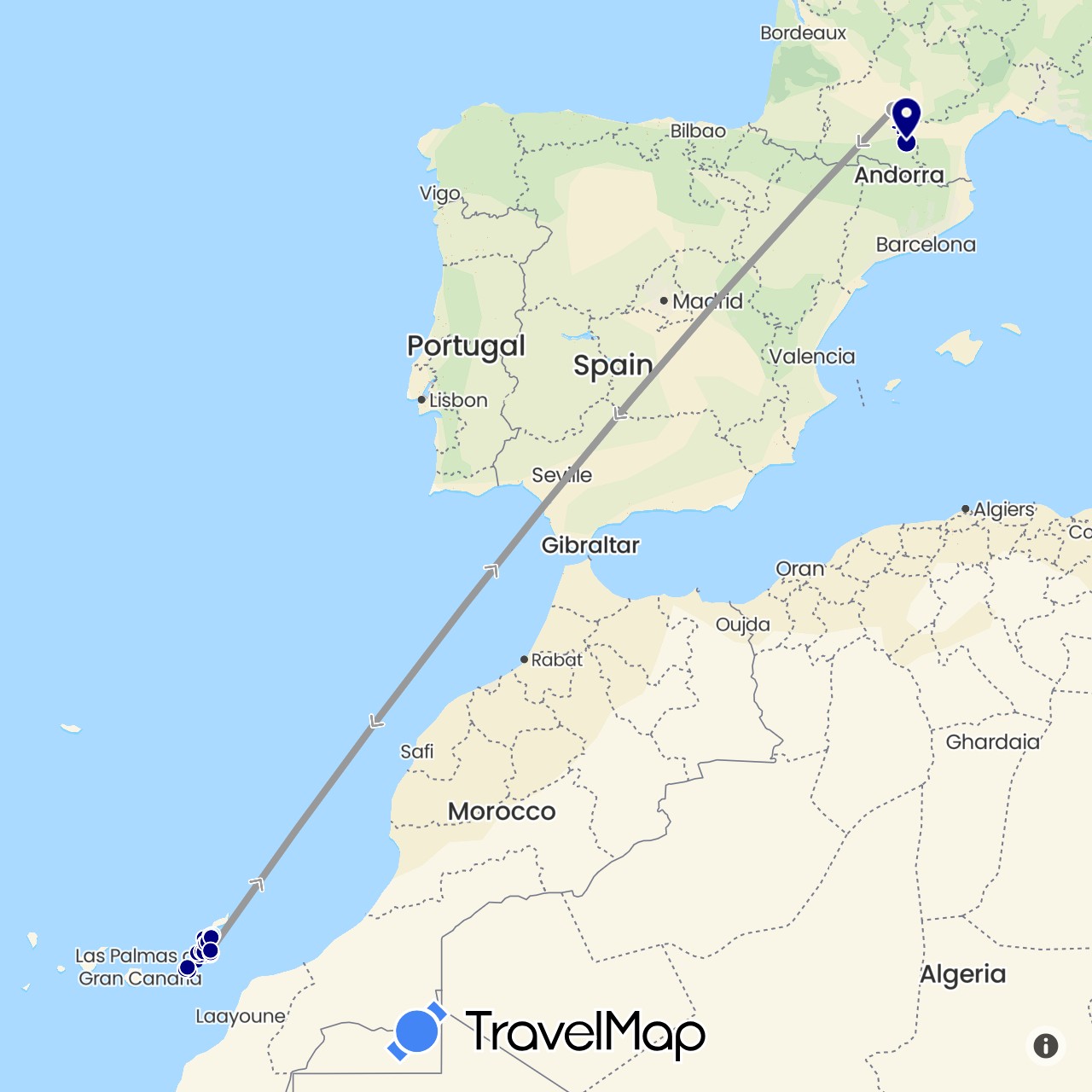 TravelMap itinerary: driving, plane, hiking, boat in Spain, France (Europe)