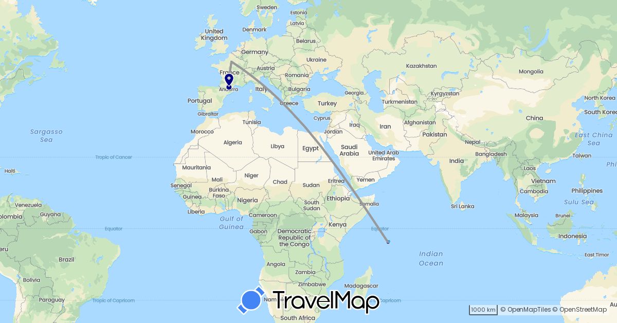 TravelMap itinerary: driving, plane, cycling, hiking, boat in France, Seychelles (Africa, Europe)