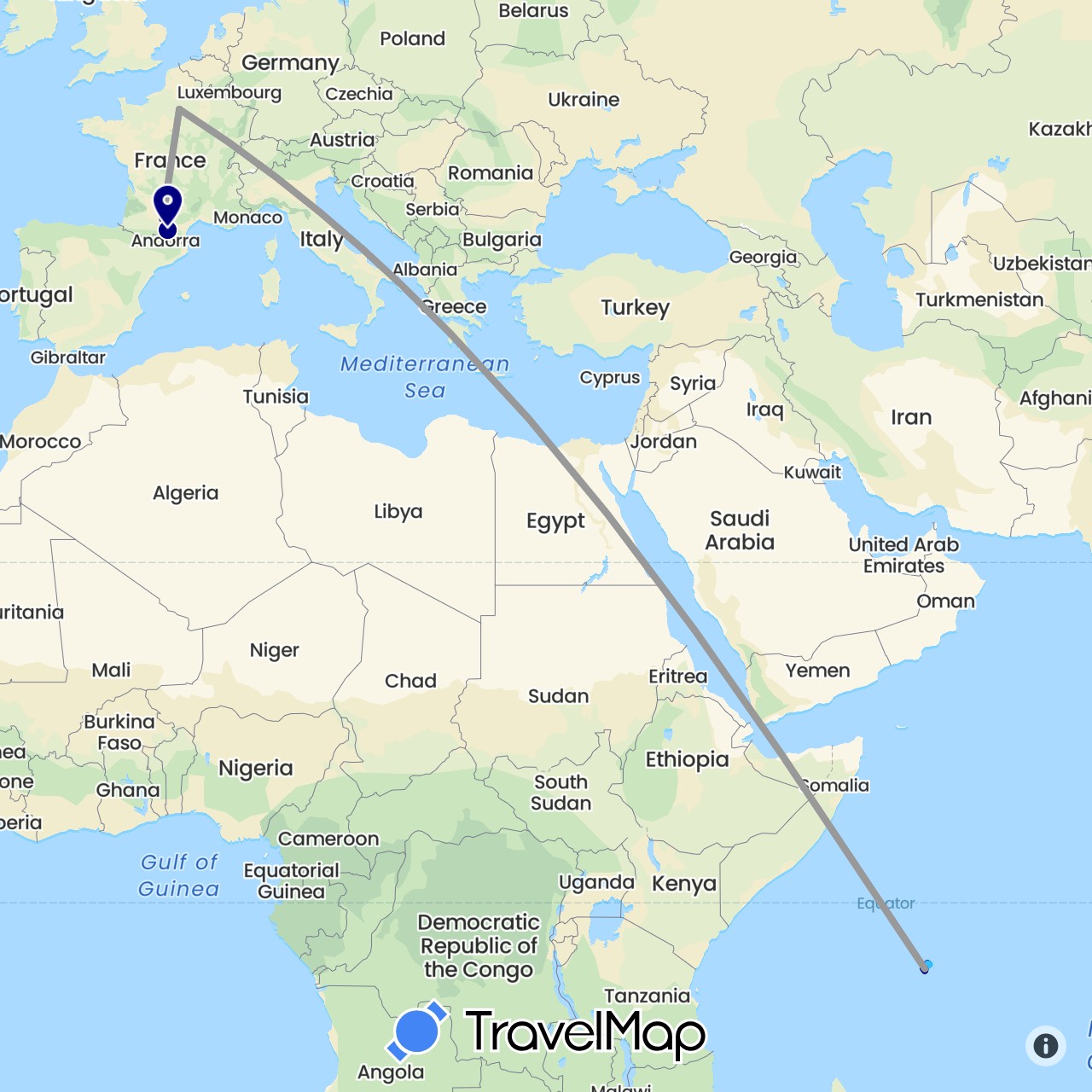 TravelMap itinerary: driving, plane, cycling, hiking, boat in France, Seychelles (Africa, Europe)