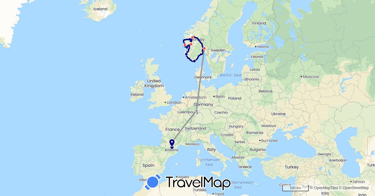 TravelMap itinerary: driving, plane, hiking in Germany, France, Norway (Europe)
