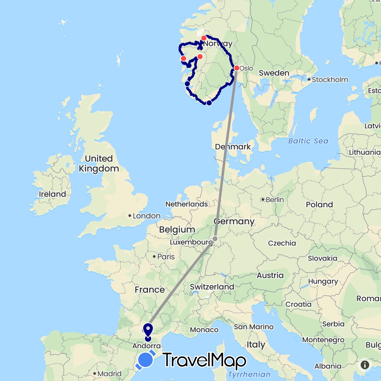 TravelMap itinerary: driving, plane, hiking in Germany, France, Norway (Europe)