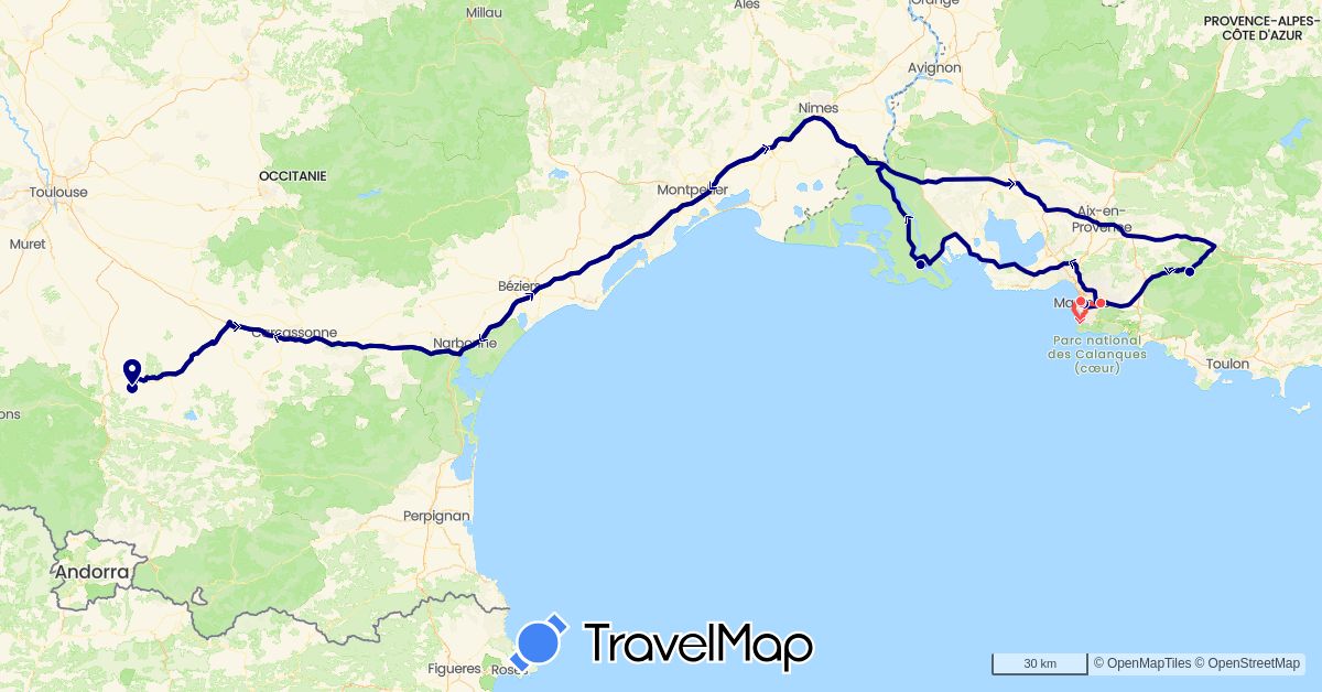 TravelMap itinerary: driving, hiking in France (Europe)