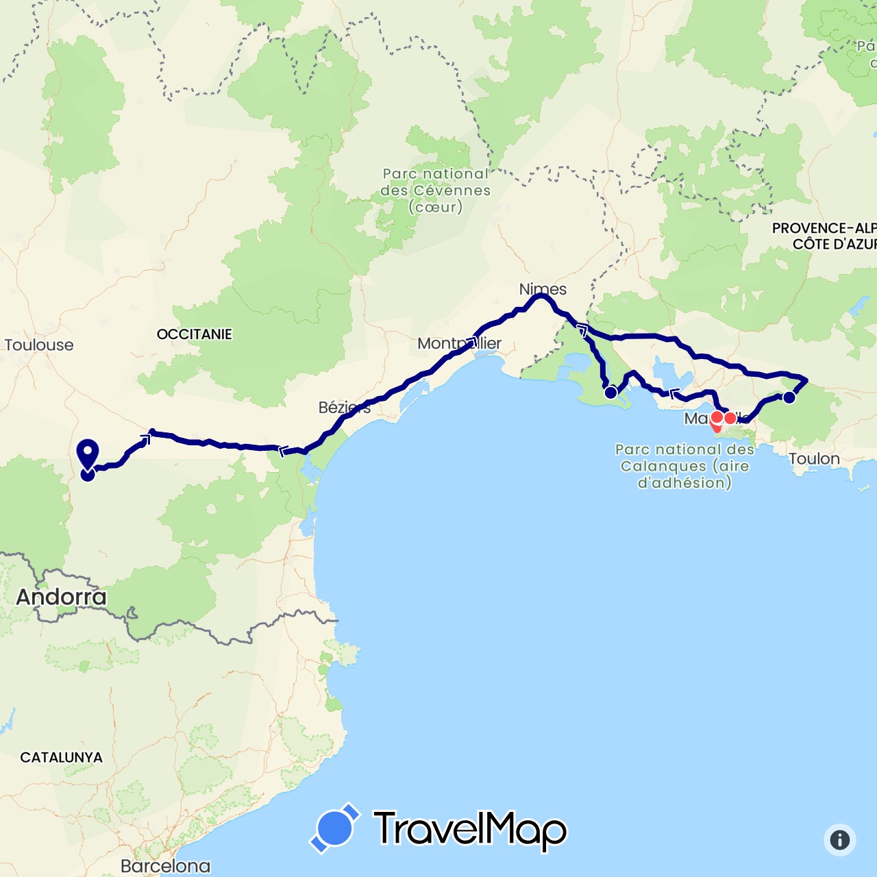 TravelMap itinerary: driving, hiking in France (Europe)