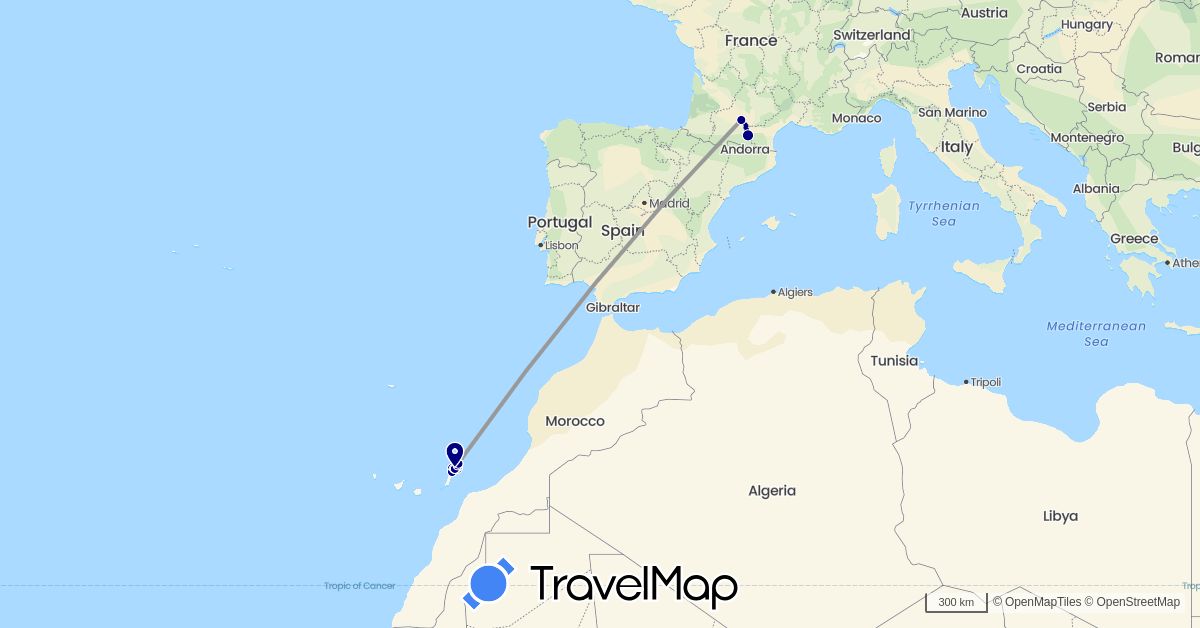 TravelMap itinerary: driving, plane, boat in Spain, France (Europe)