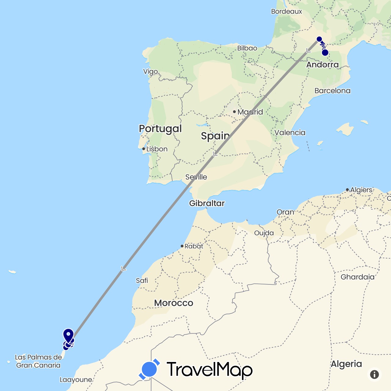 TravelMap itinerary: driving, plane, boat in Spain, France (Europe)