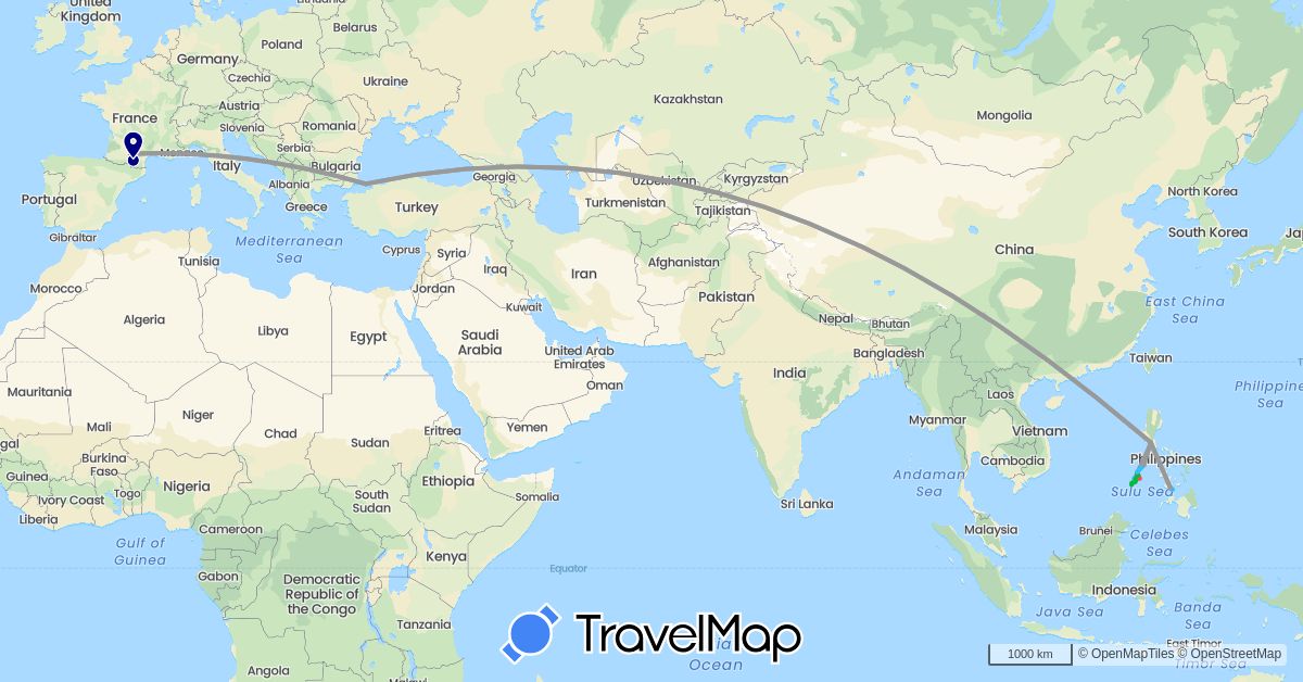 TravelMap itinerary: driving, bus, plane, hiking, boat in France, Philippines, Turkey (Asia, Europe)