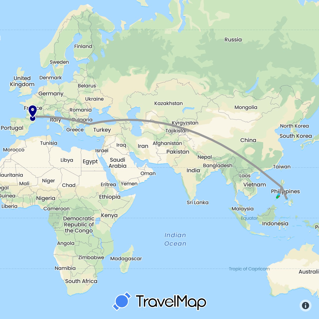 TravelMap itinerary: driving, bus, plane, hiking, boat in France, Philippines, Turkey (Asia, Europe)