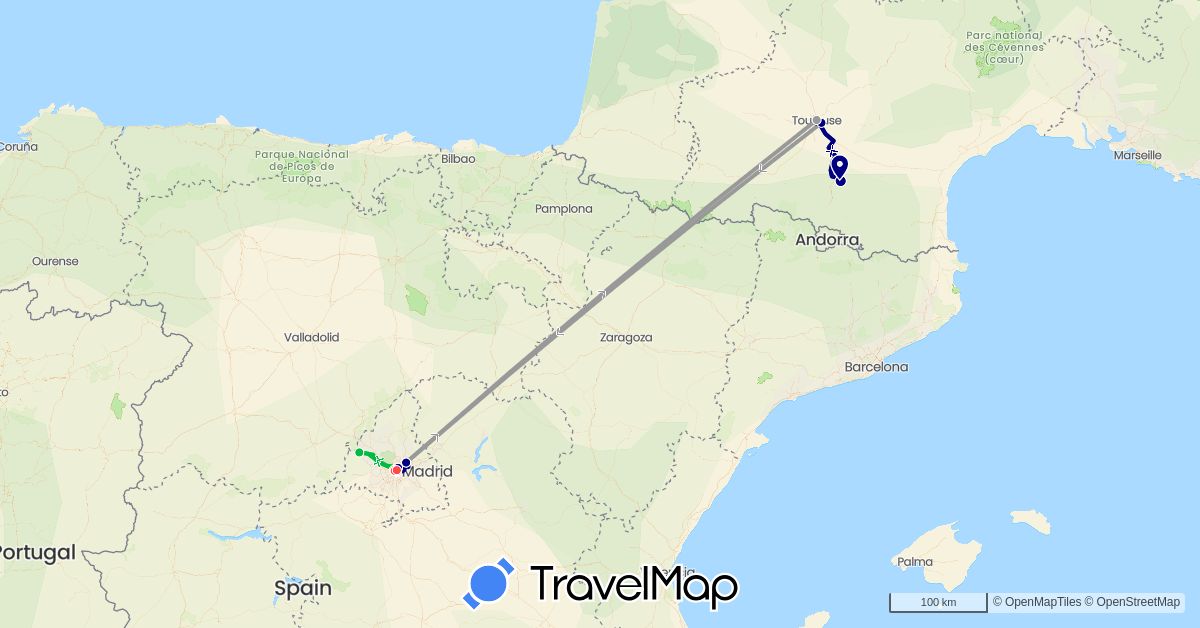 TravelMap itinerary: driving, bus, plane, hiking in Spain, France (Europe)