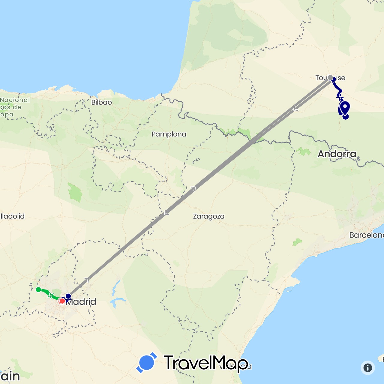 TravelMap itinerary: driving, bus, plane, hiking in Spain, France (Europe)