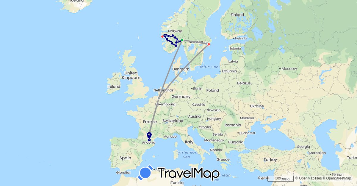 TravelMap itinerary: driving, bus, plane, train, hiking in Belgium, France, Norway, Sweden (Europe)