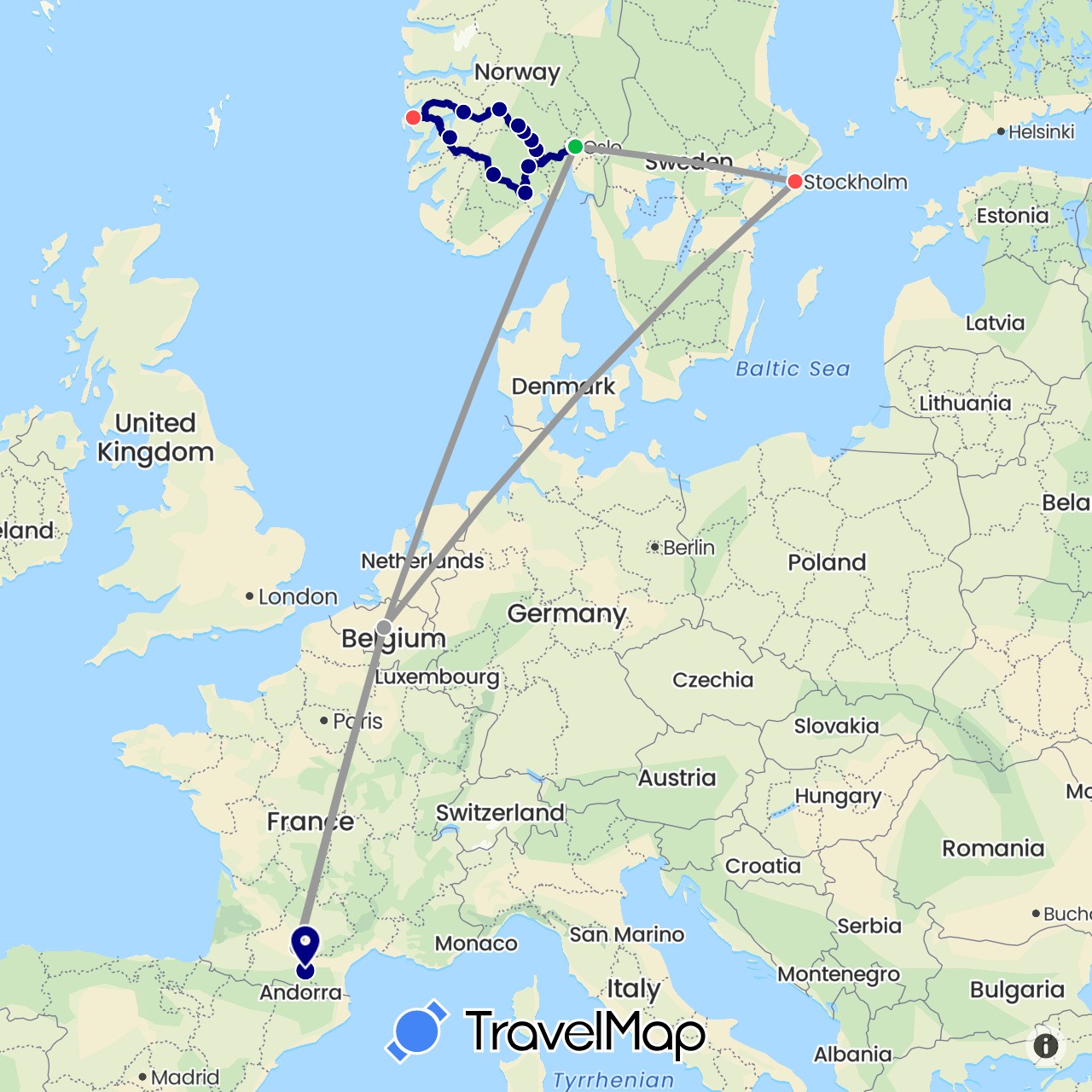 TravelMap itinerary: driving, bus, plane, train, hiking in Belgium, France, Norway, Sweden (Europe)