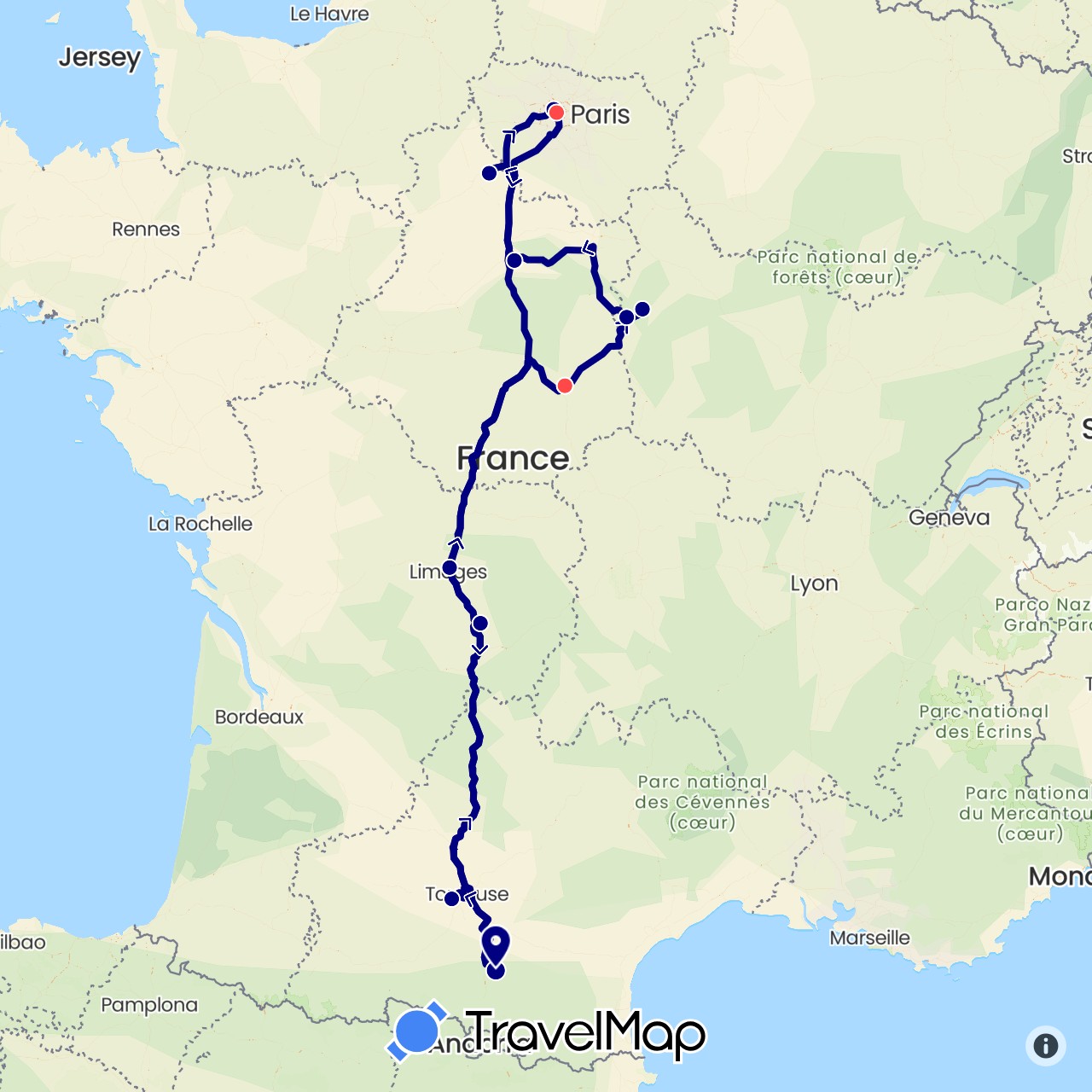 TravelMap itinerary: driving, hiking in France (Europe)