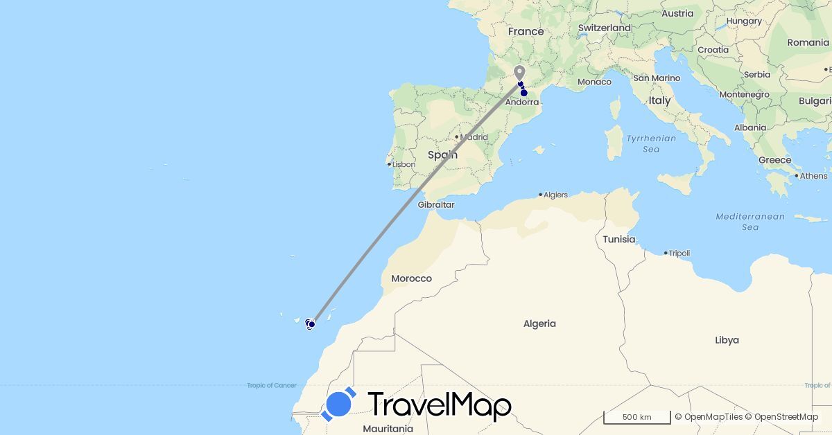 TravelMap itinerary: driving, plane, hiking in Spain, France (Europe)