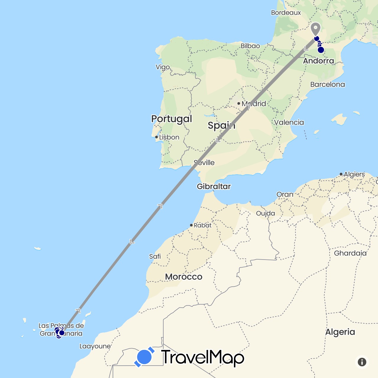 TravelMap itinerary: driving, plane, hiking in Spain, France (Europe)