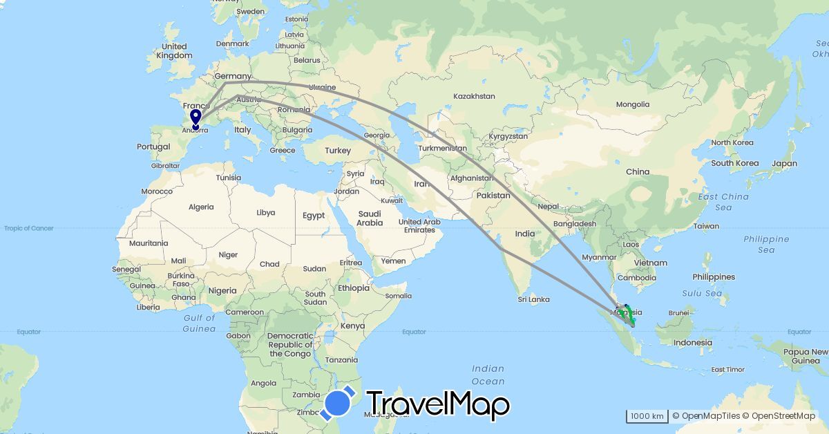 TravelMap itinerary: driving, bus, plane, hiking, boat in Germany, France, India, Malaysia, Singapore (Asia, Europe)