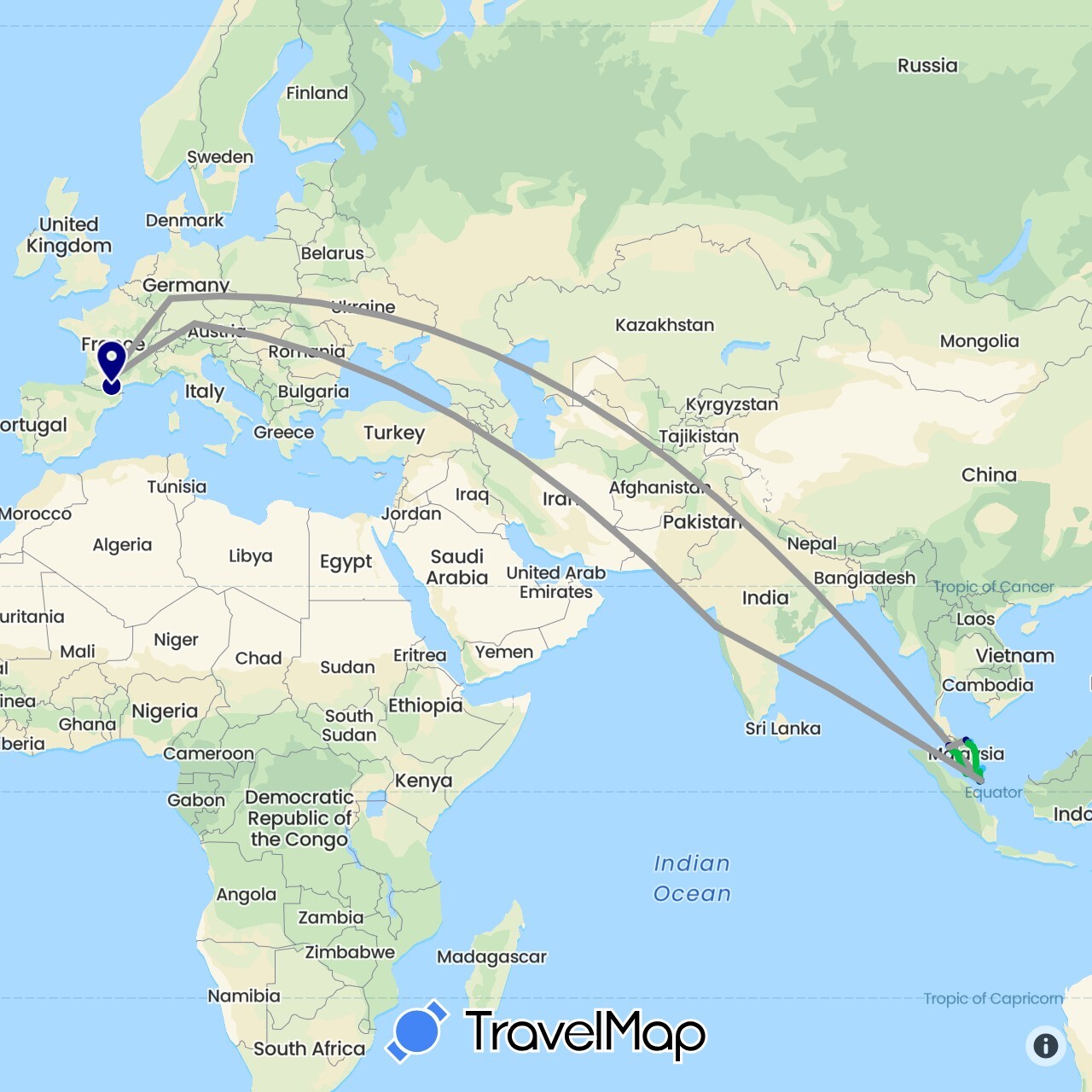 TravelMap itinerary: driving, bus, plane, hiking, boat in Germany, France, India, Malaysia, Singapore (Asia, Europe)