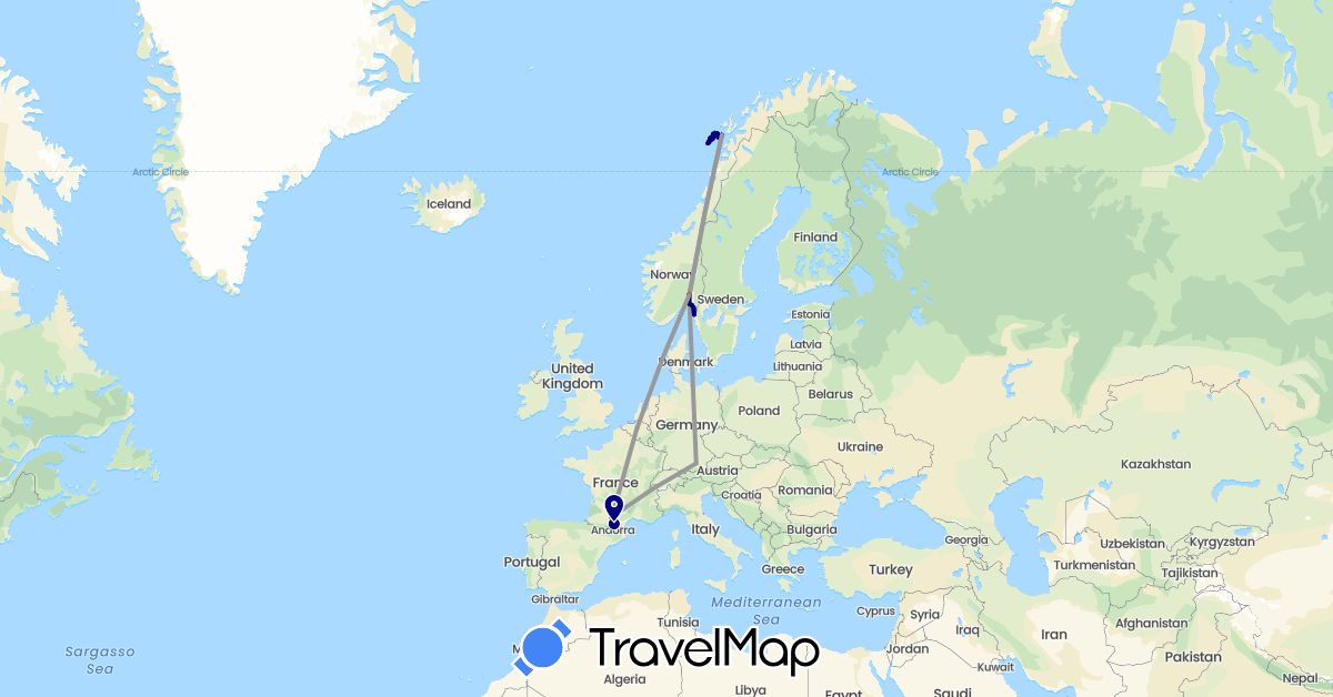 TravelMap itinerary: driving, plane, hiking in Belgium, Germany, France, Norway, Sweden (Europe)