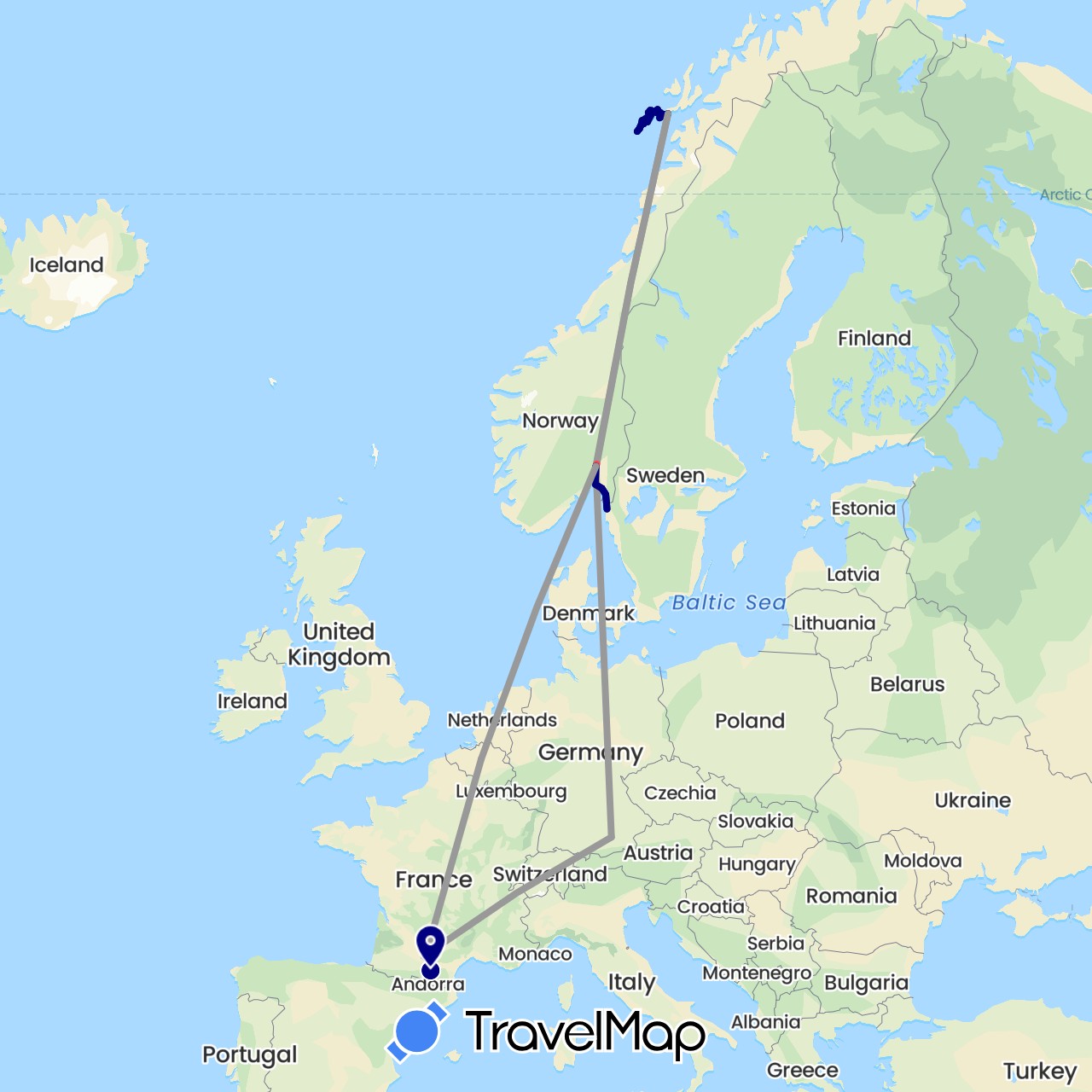 TravelMap itinerary: driving, plane, hiking in Belgium, Germany, France, Norway, Sweden (Europe)