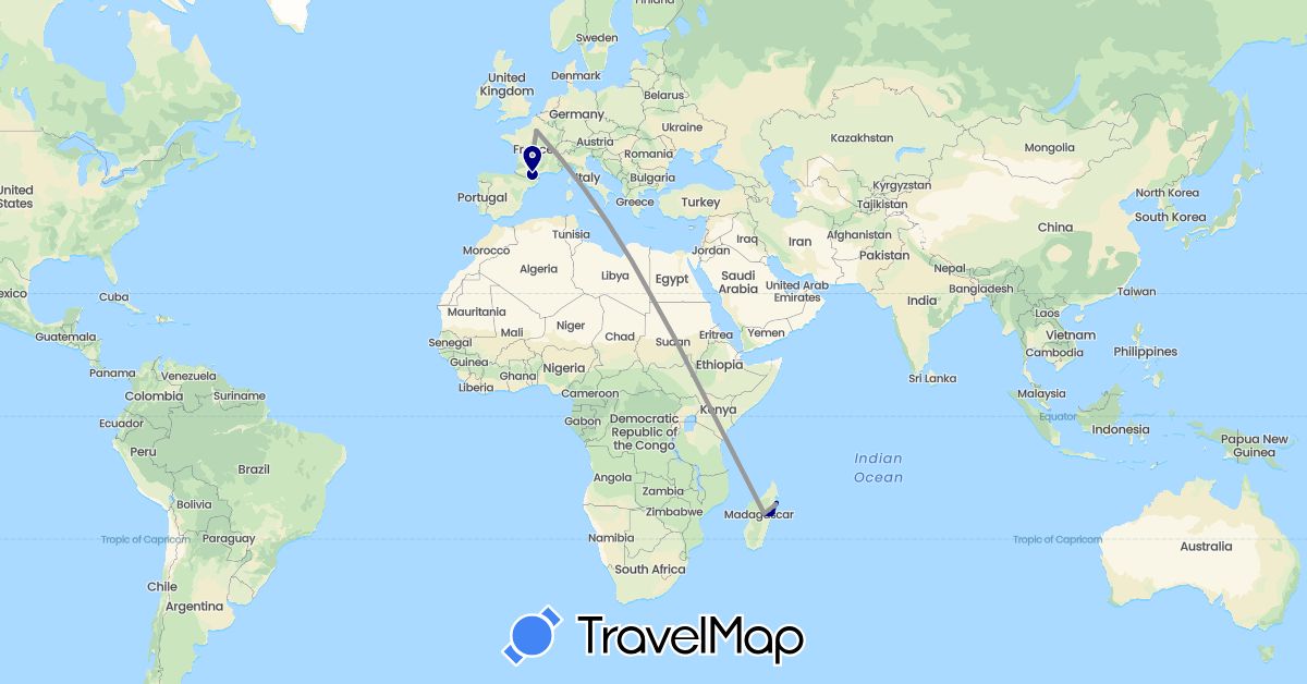 TravelMap itinerary: driving, plane, hiking, boat in France, Madagascar (Africa, Europe)