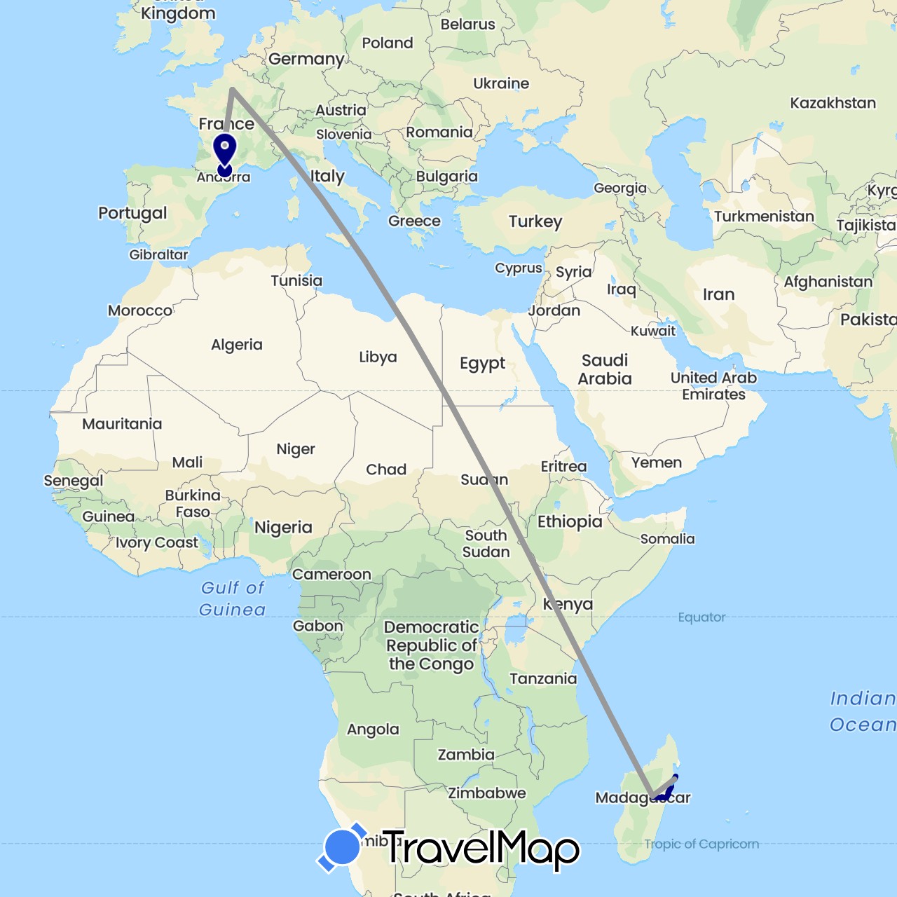 TravelMap itinerary: driving, plane, hiking, boat in France, Madagascar (Africa, Europe)