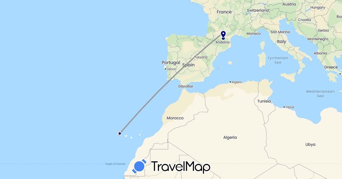 TravelMap itinerary: driving, plane, hiking in Spain, France (Europe)