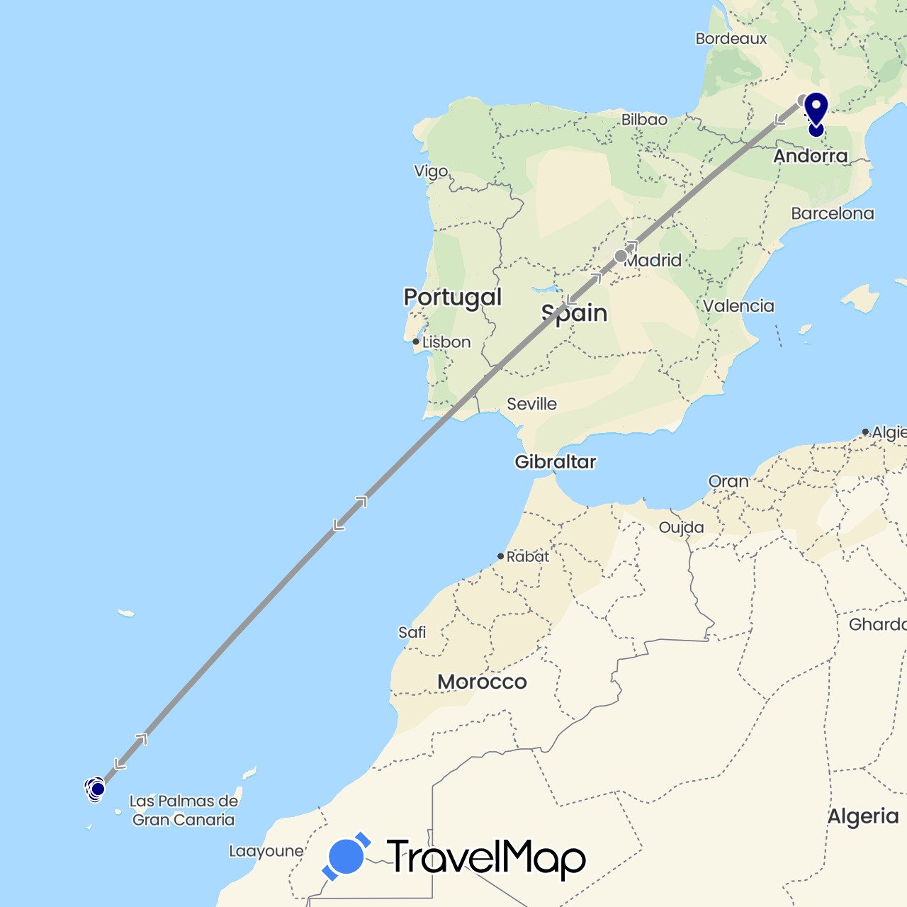 TravelMap itinerary: driving, plane, hiking in Spain, France (Europe)