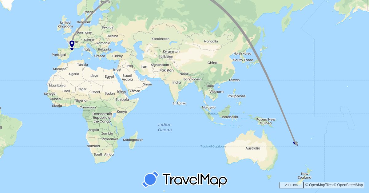 TravelMap itinerary: driving, bus, plane in France, Japan, New Caledonia (Asia, Europe, Oceania)