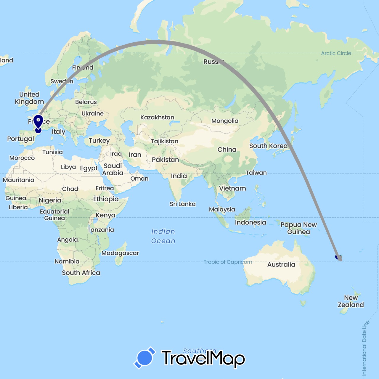 TravelMap itinerary: driving, bus, plane in France, Japan, New Caledonia (Asia, Europe, Oceania)