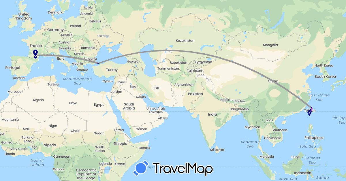 TravelMap itinerary: driving, plane, cycling, train, hiking, boat in France, Turkey, Taiwan (Asia, Europe)