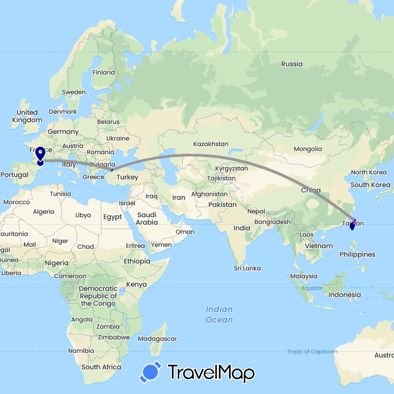 TravelMap itinerary: driving, plane, cycling, train, hiking, boat in France, Turkey, Taiwan (Asia, Europe)
