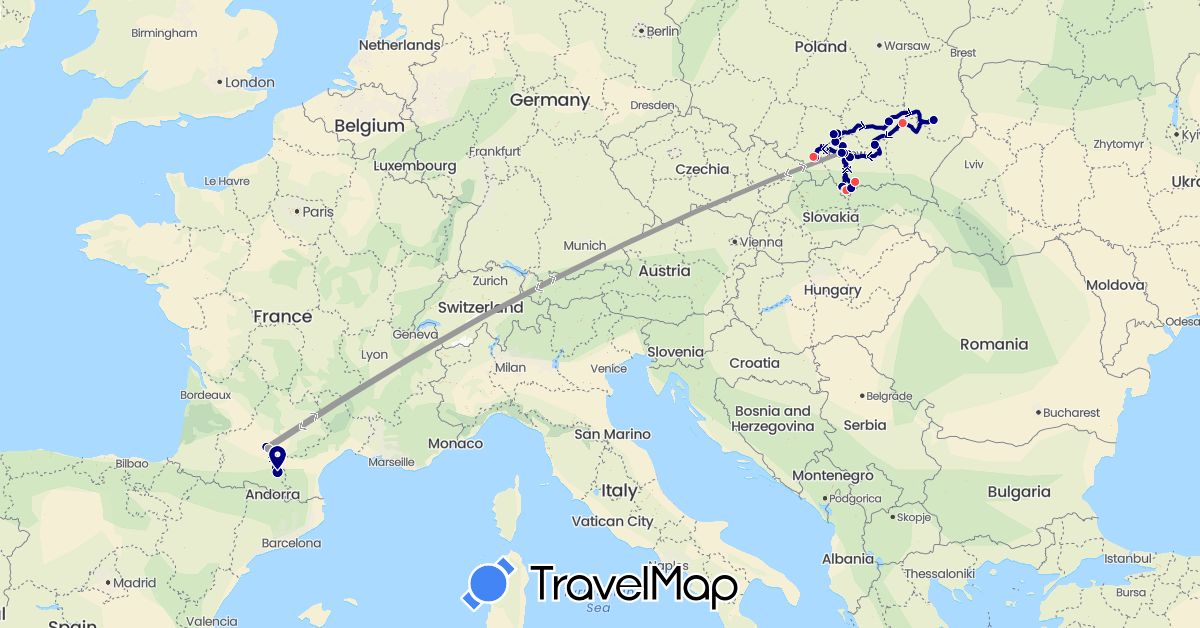 TravelMap itinerary: driving, plane, hiking in France, Poland (Europe)