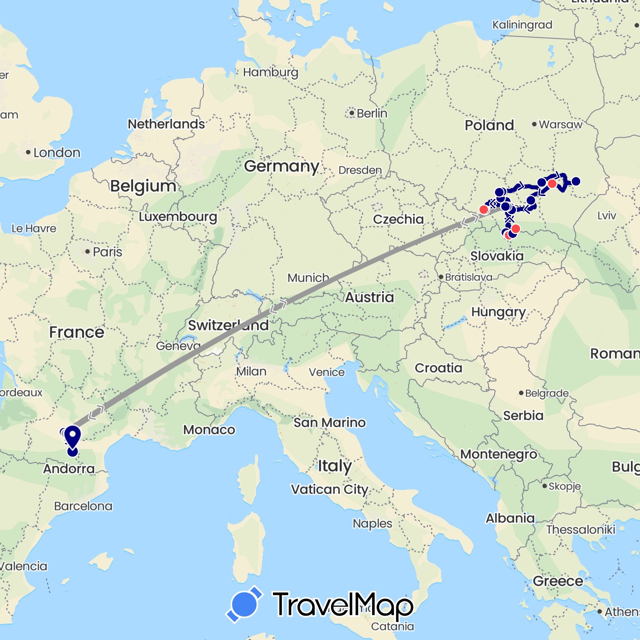 TravelMap itinerary: driving, plane, hiking in France, Poland (Europe)
