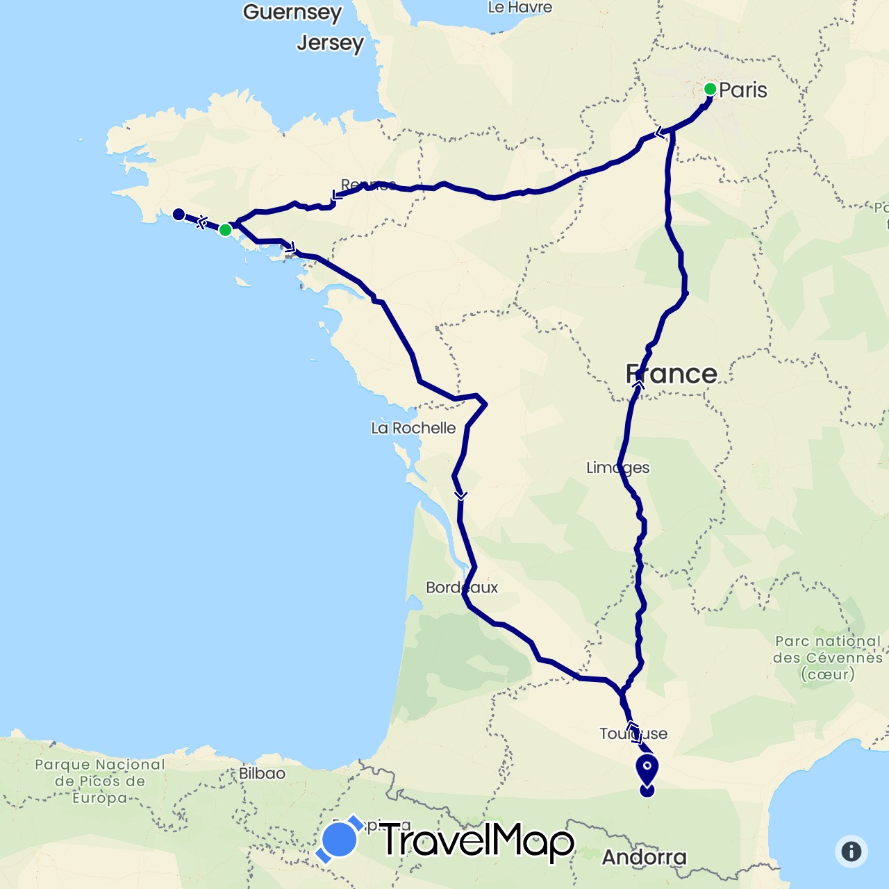 TravelMap itinerary: driving, bus in France (Europe)
