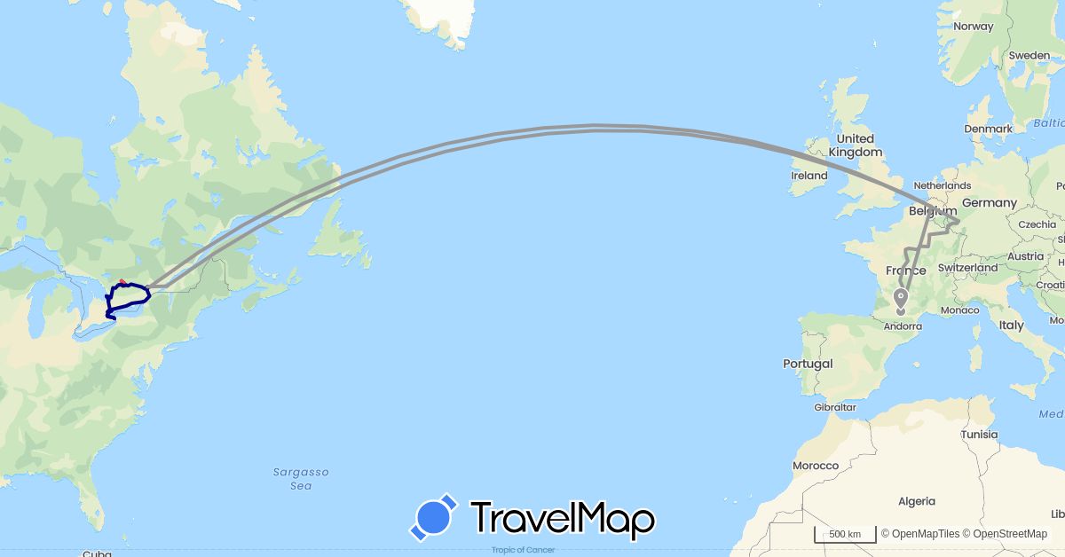 TravelMap itinerary: driving, bus, plane, cycling, hiking in Belgium, Canada, Germany, France (Europe, North America)