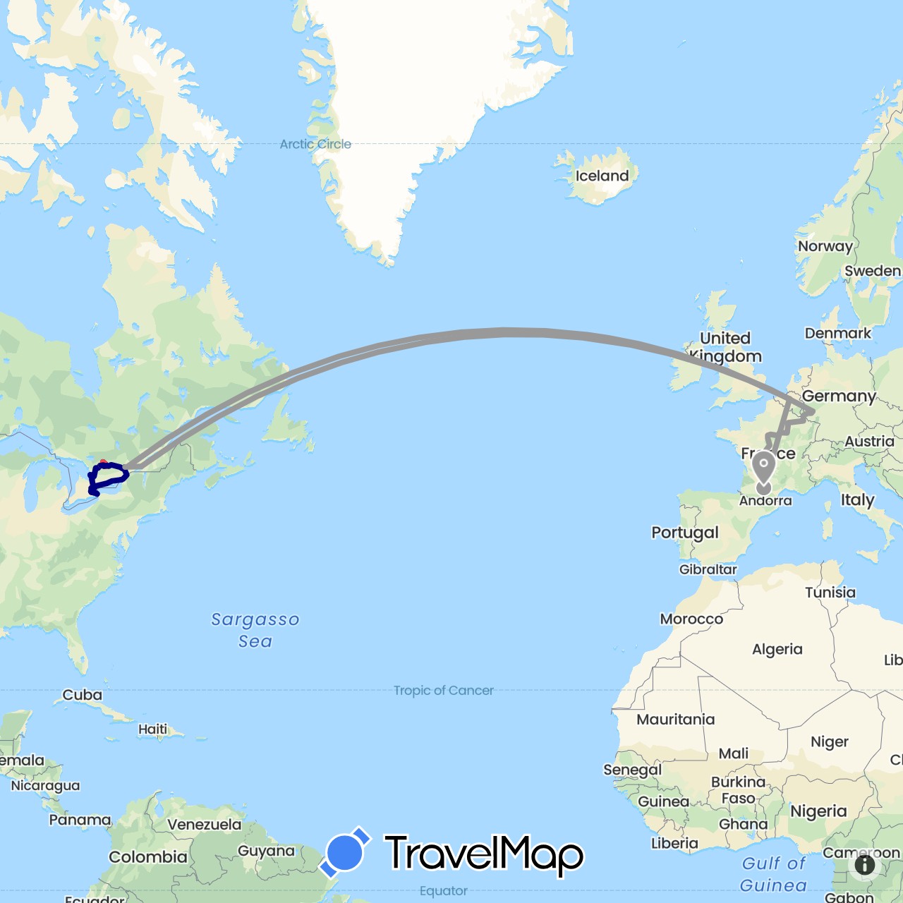 TravelMap itinerary: driving, bus, plane, cycling, hiking in Belgium, Canada, Germany, France (Europe, North America)