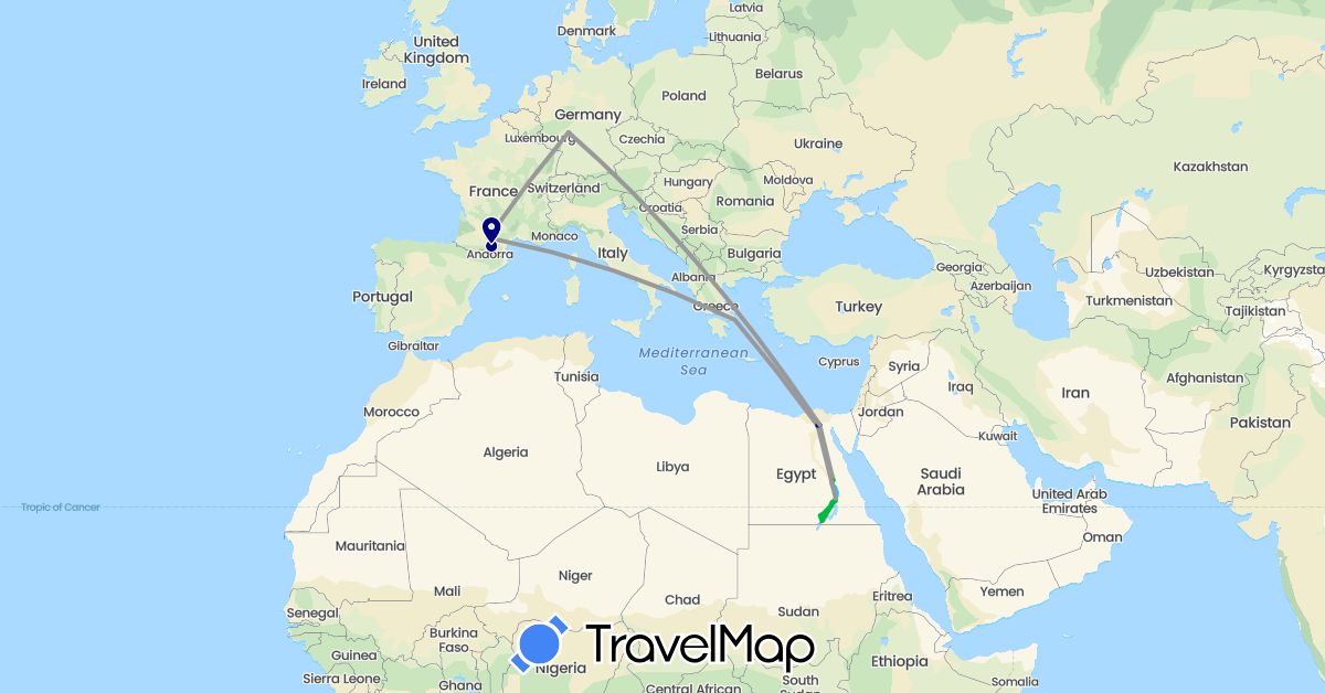TravelMap itinerary: driving, bus, plane, hiking, boat in Germany, Egypt, France, Greece (Africa, Europe)