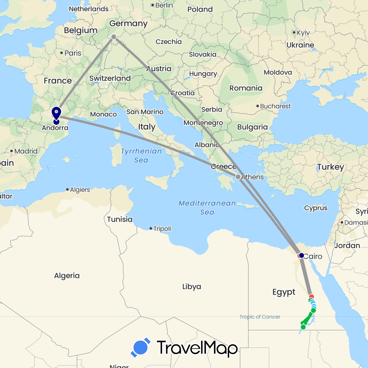 TravelMap itinerary: driving, bus, plane, hiking, boat in Germany, Egypt, France, Greece (Africa, Europe)