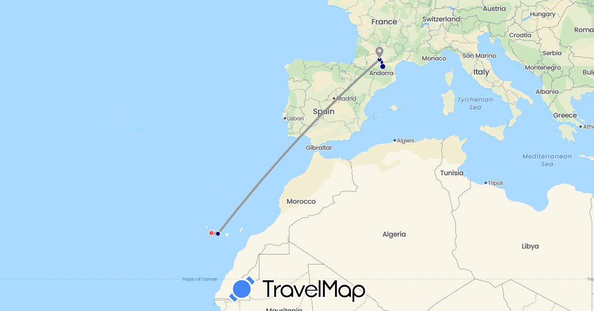 TravelMap itinerary: driving, plane, hiking, boat in Spain, France (Europe)