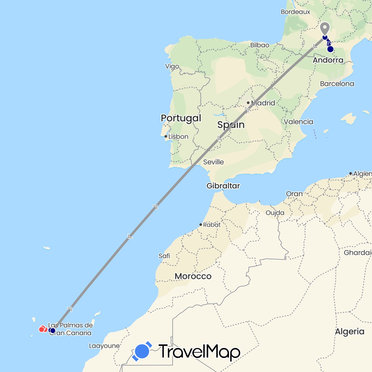 TravelMap itinerary: driving, plane, hiking, boat in Spain, France (Europe)