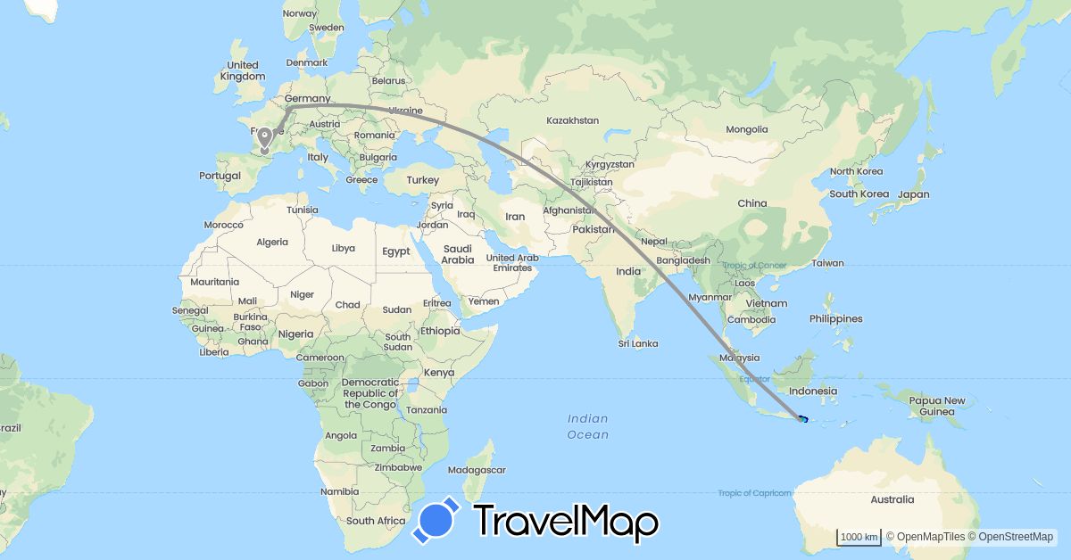 TravelMap itinerary: driving, bus, plane, cycling, hiking, boat in Germany, France, Indonesia, Singapore (Asia, Europe)