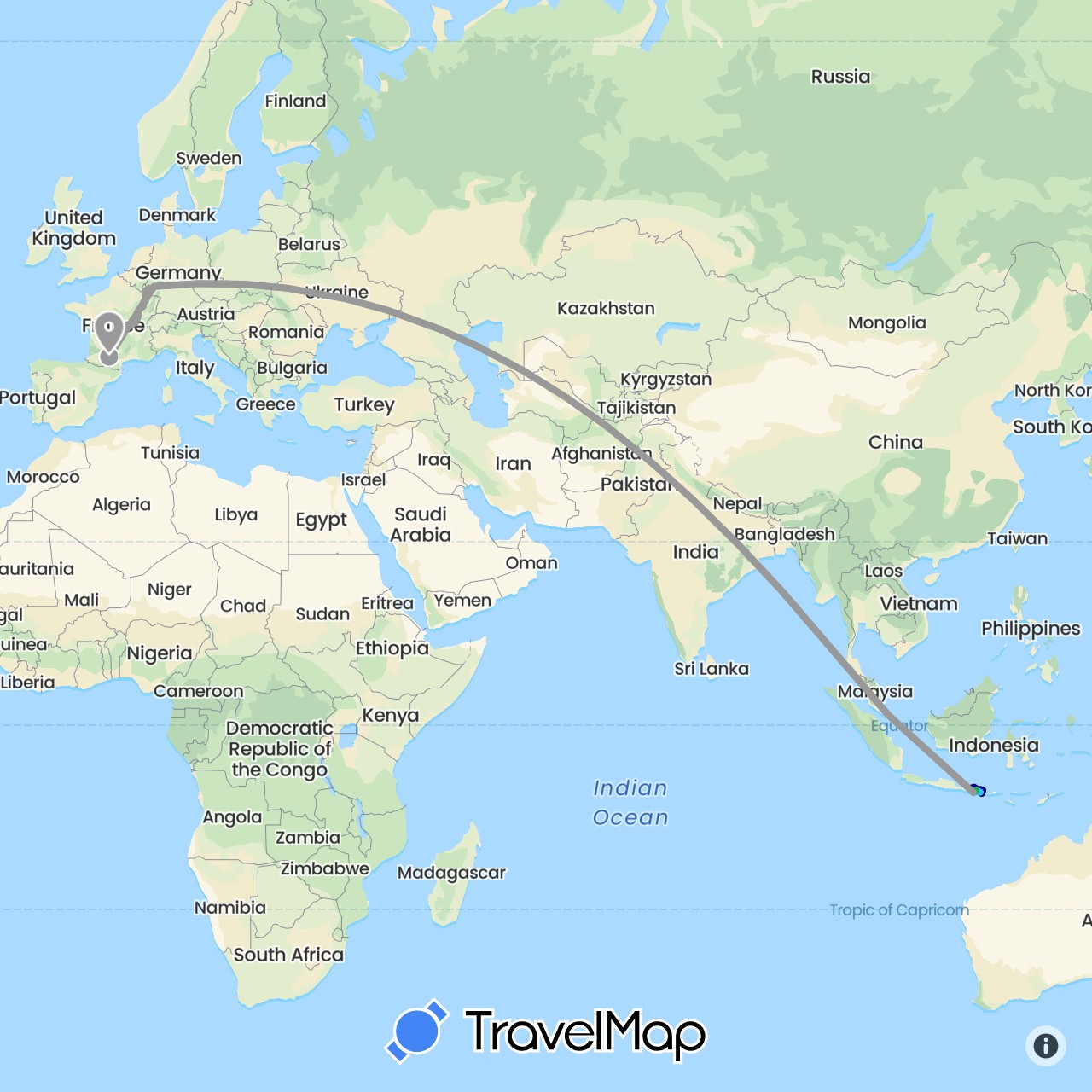 TravelMap itinerary: driving, bus, plane, cycling, hiking, boat in Germany, France, Indonesia, Singapore (Asia, Europe)